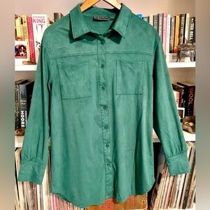 Bagatelle Collection Green Faux Suede Button Down Shirt Jacket Buttery Soft EUC
